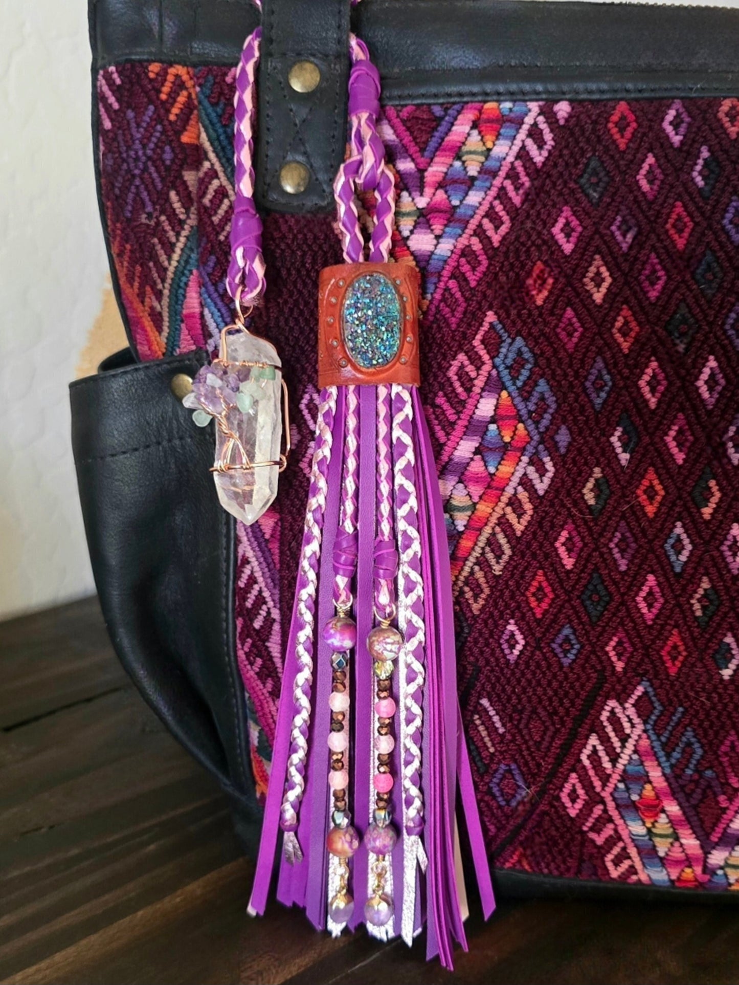8" Druzy Wildfire Leather Tassel w/Quartz Crystal Pendant