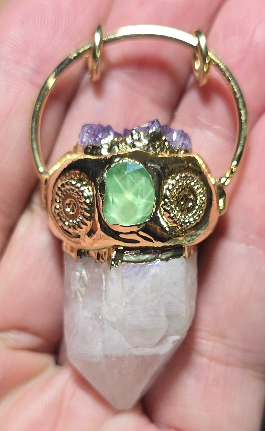 Angel Aura Crystal Quartz, Amethyst Cluster, Green Crystal Pendant