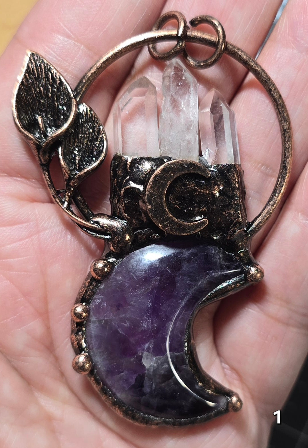 #1 Clear Quartz & Amethyst Moon Pendant