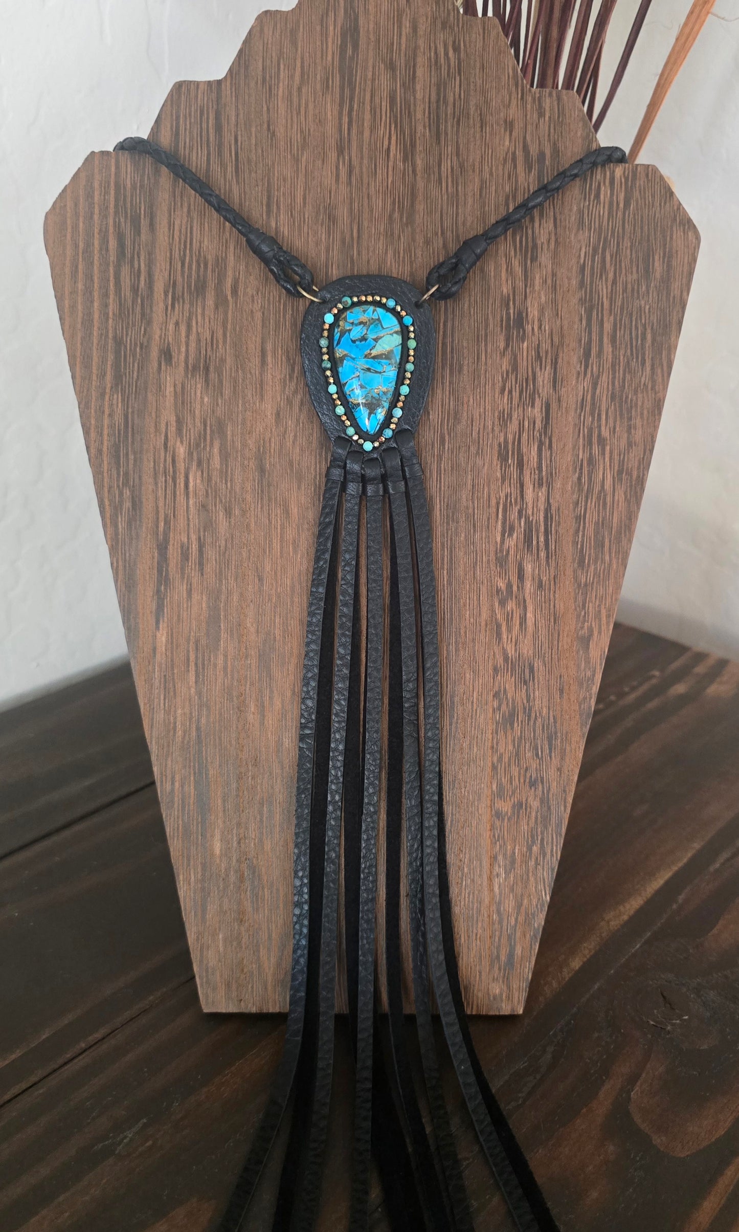 Turquoise Mosaic in Black Leather Statement Necklace