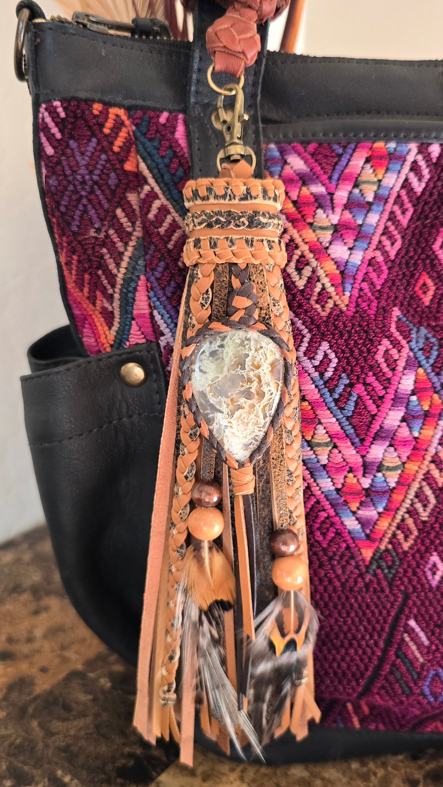 8" Clip-on Moss Agate Leather Tassel