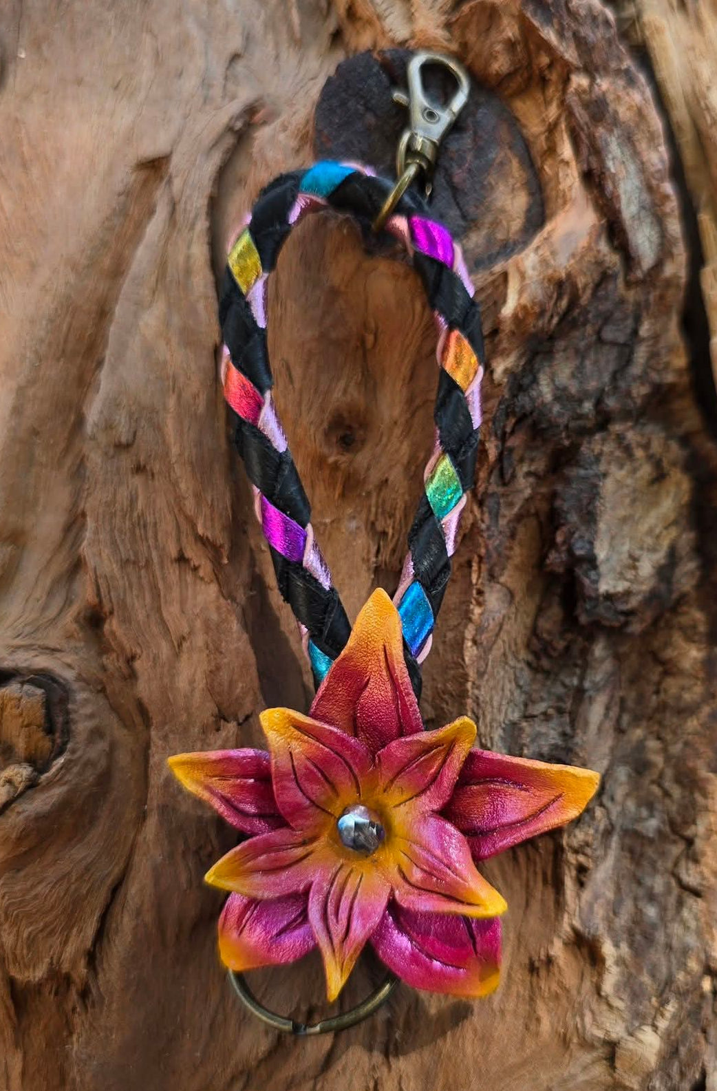 Hand sculpted leather flower Charms/Keyfobs