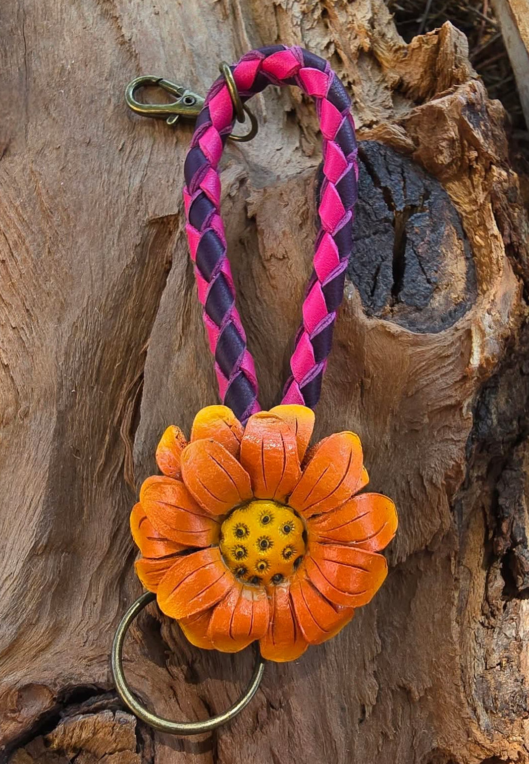 Hand sculpted leather flower Charms/Keyfobs