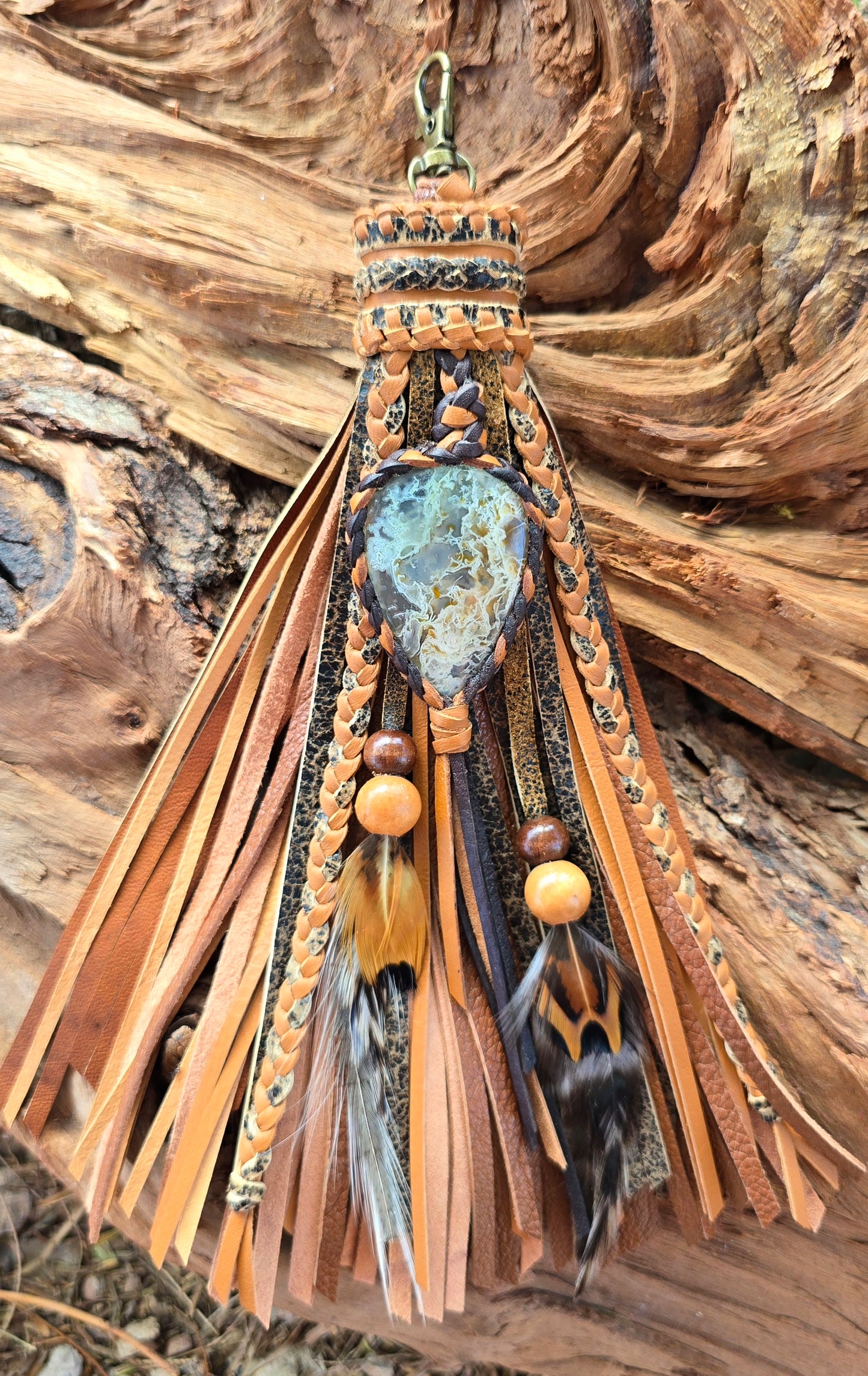 8" Clip-on Moss Agate Tassel