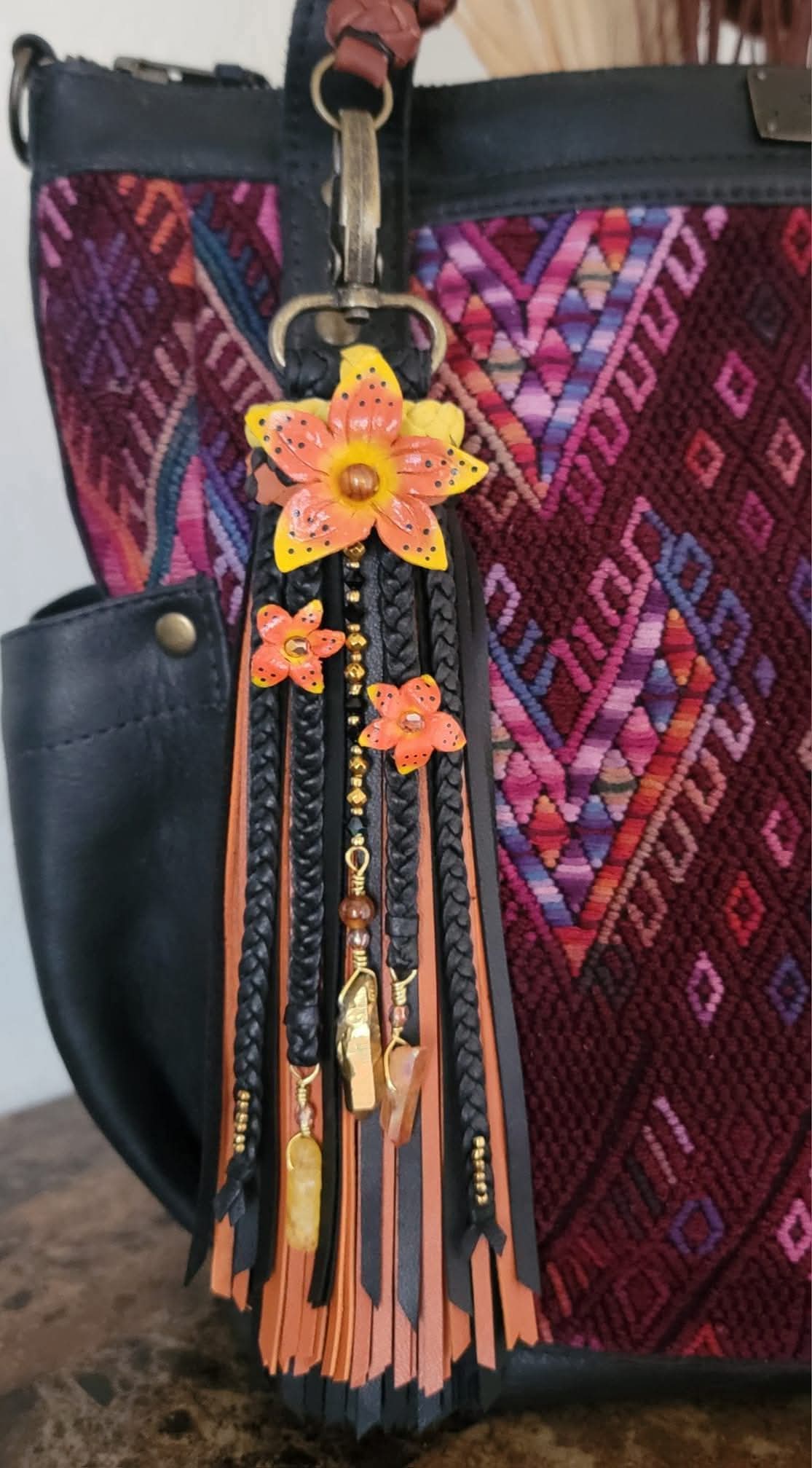 8" Clip-on Scuplted Leather Flower Tassel
