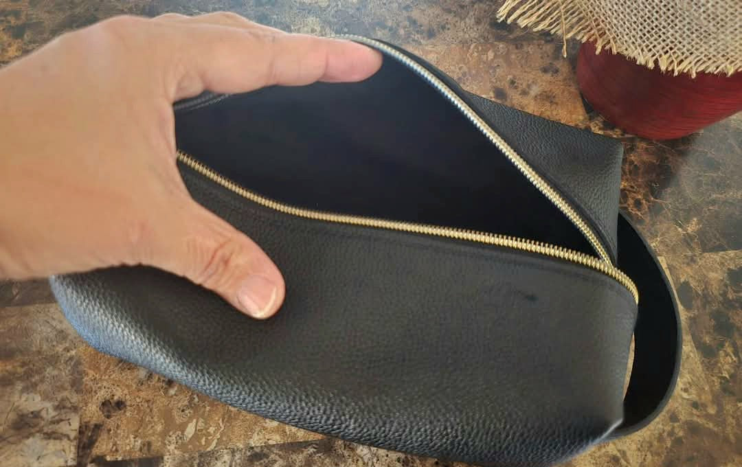 Black Pebbled Full Leather Cosmetic Bag