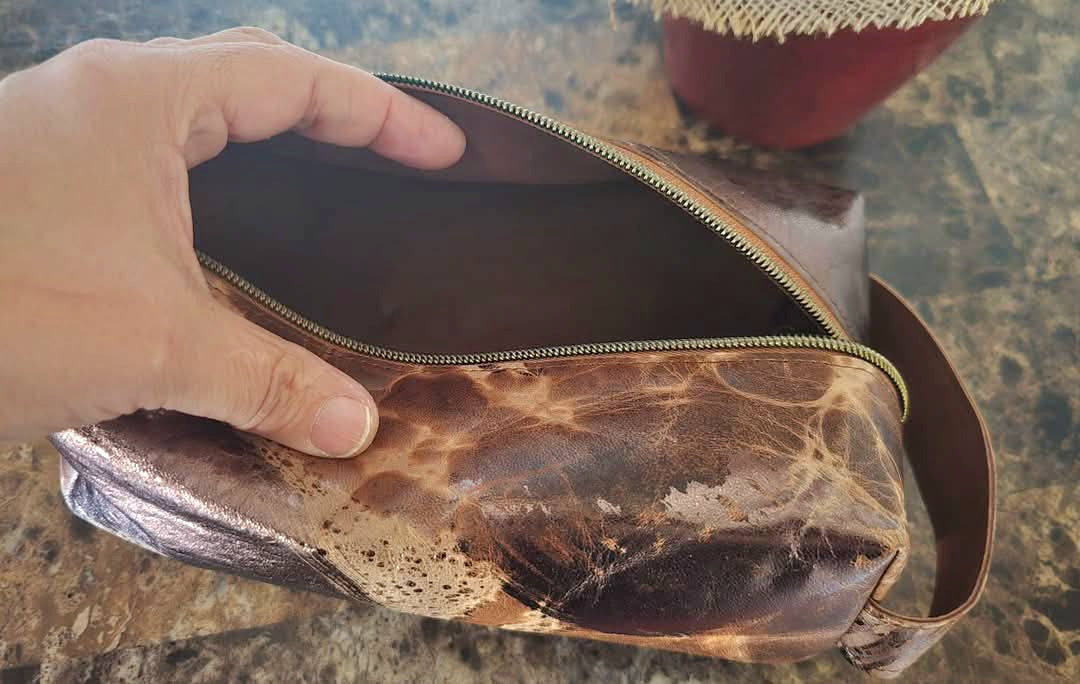 Distressed Metallic Lambskin Leather Cosmetic Bag