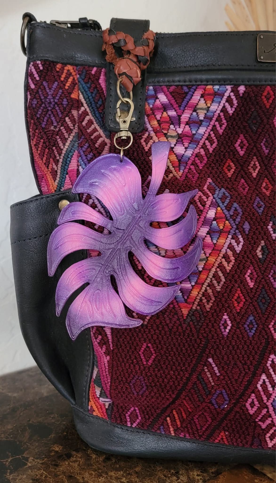 Purple Monstera Leaf Leather Charm