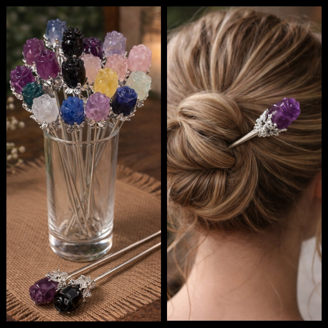 Carved Crystal Rose Hairpins