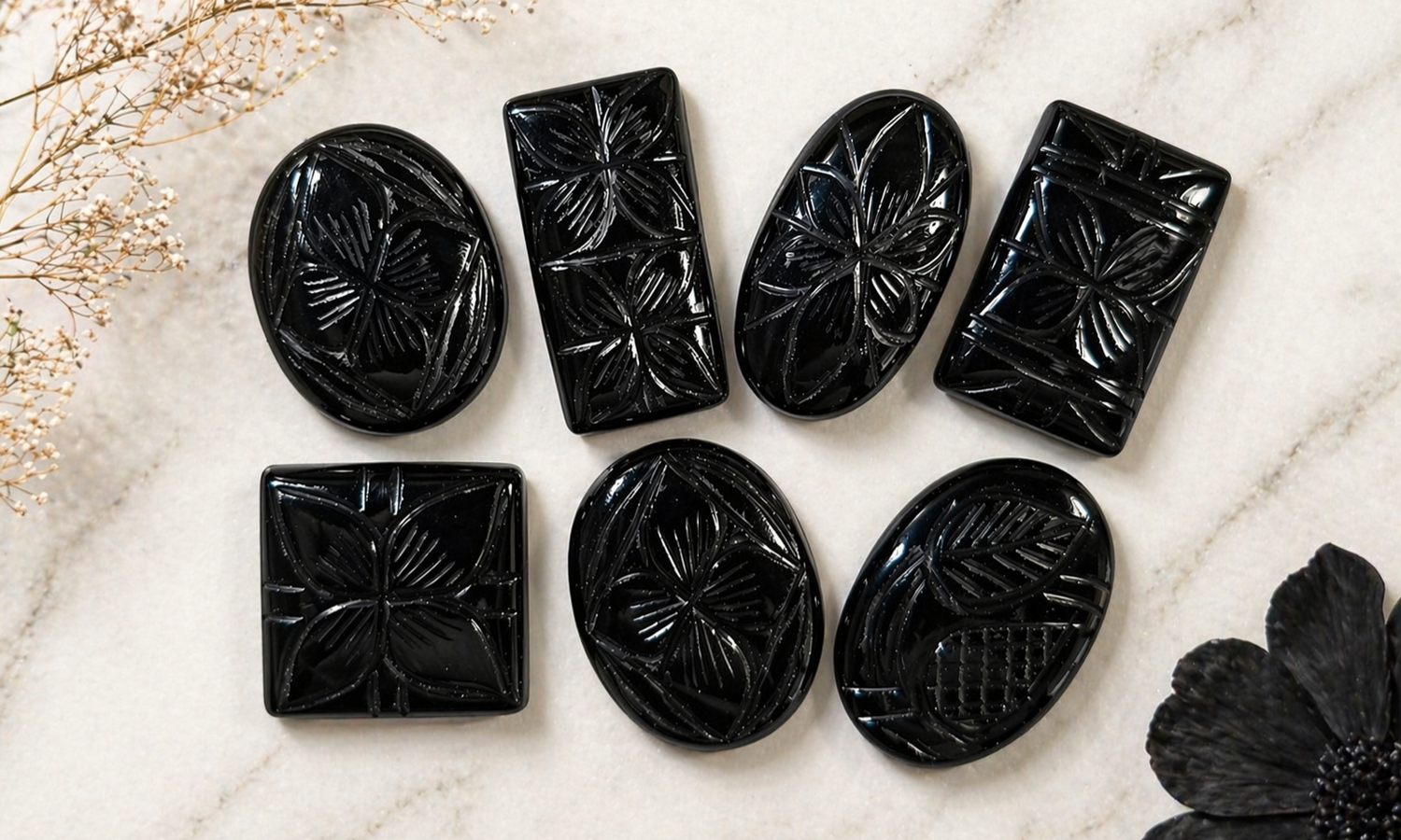 Mughal Carved Black Onyx Cabochons