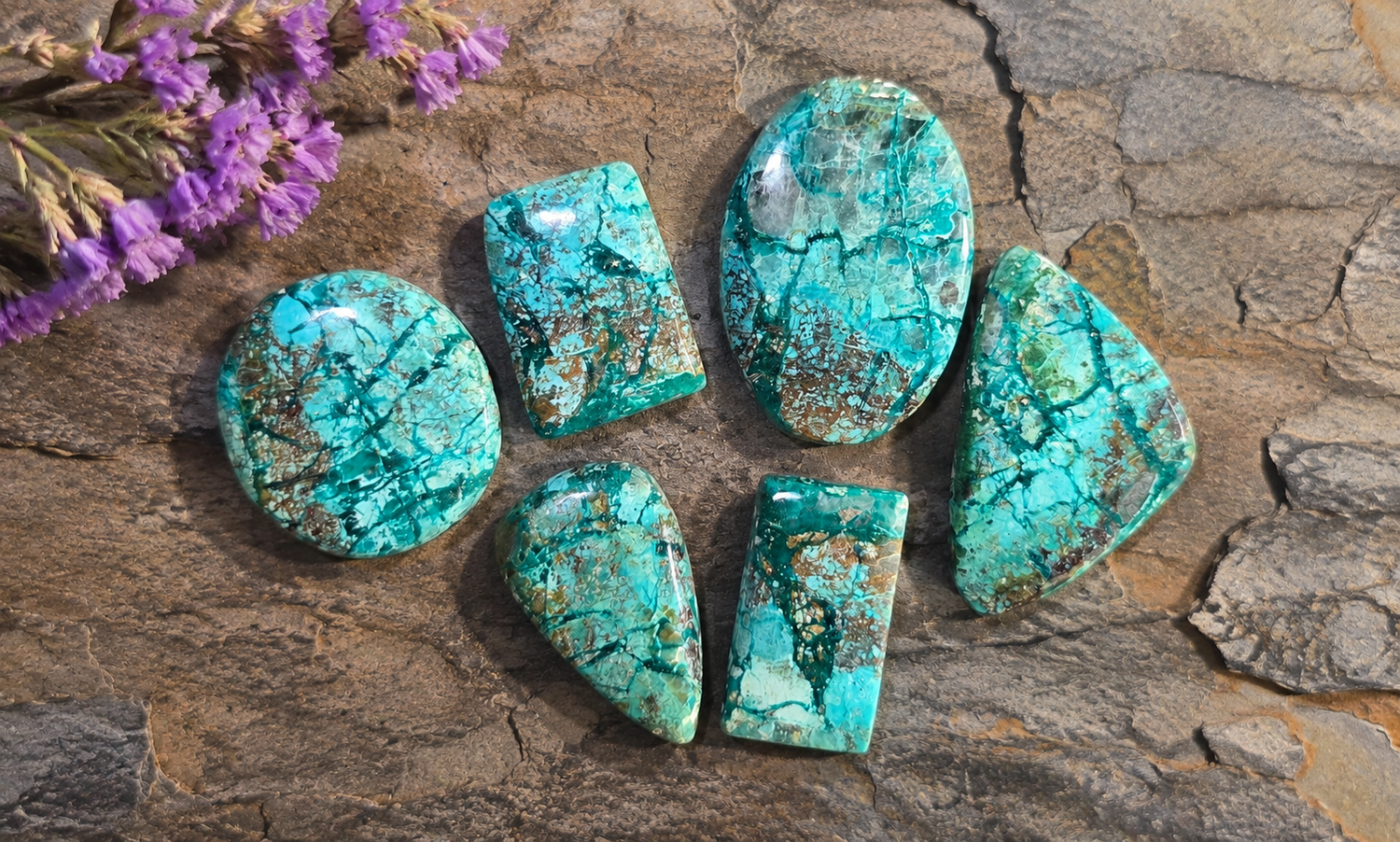 Chrysocolla with Dioptase Cabochons