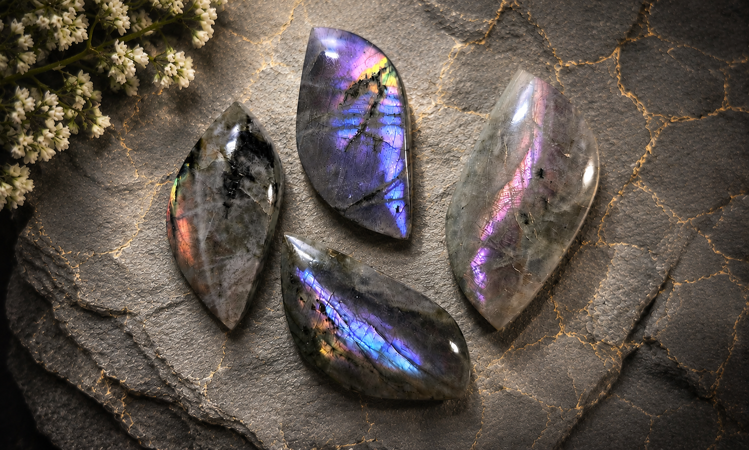 Gray Labradorite Leaf-Shaped Cabochons
