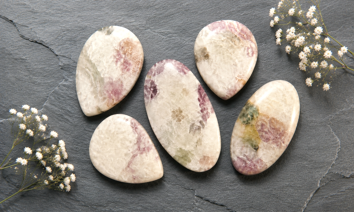 Pink Tourmaline in Ivory Quartz Cabochons