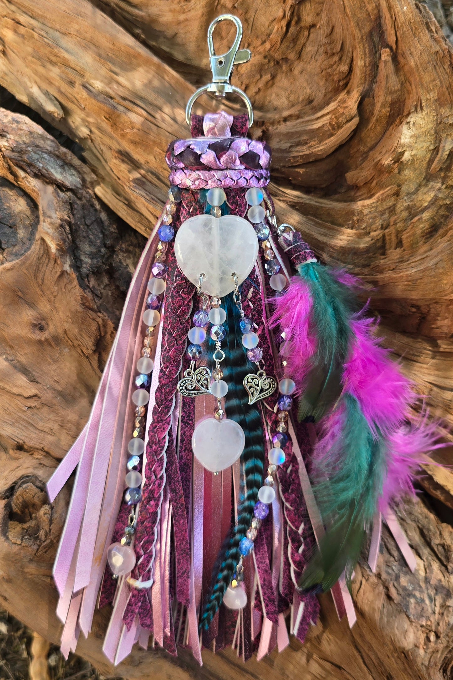 8" Quartz Hearts Metallic Leather Feather Tassel