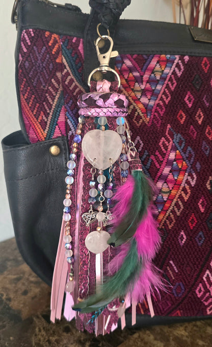 8" Quartz Hearts Metallic Leather Feather Tassel