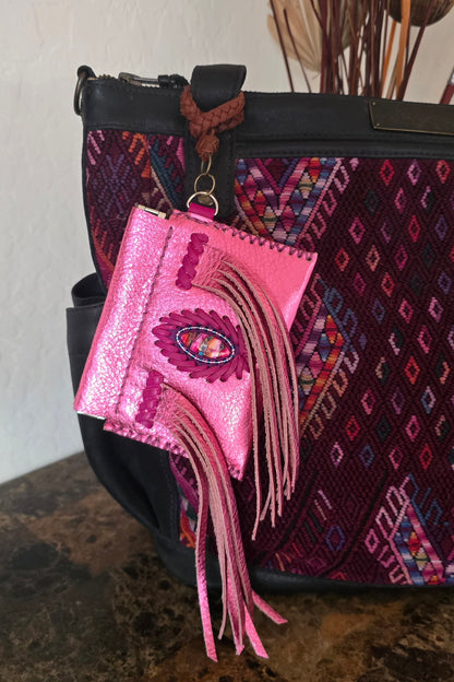 Metallic Pink Leather Fringe Pop Pouch