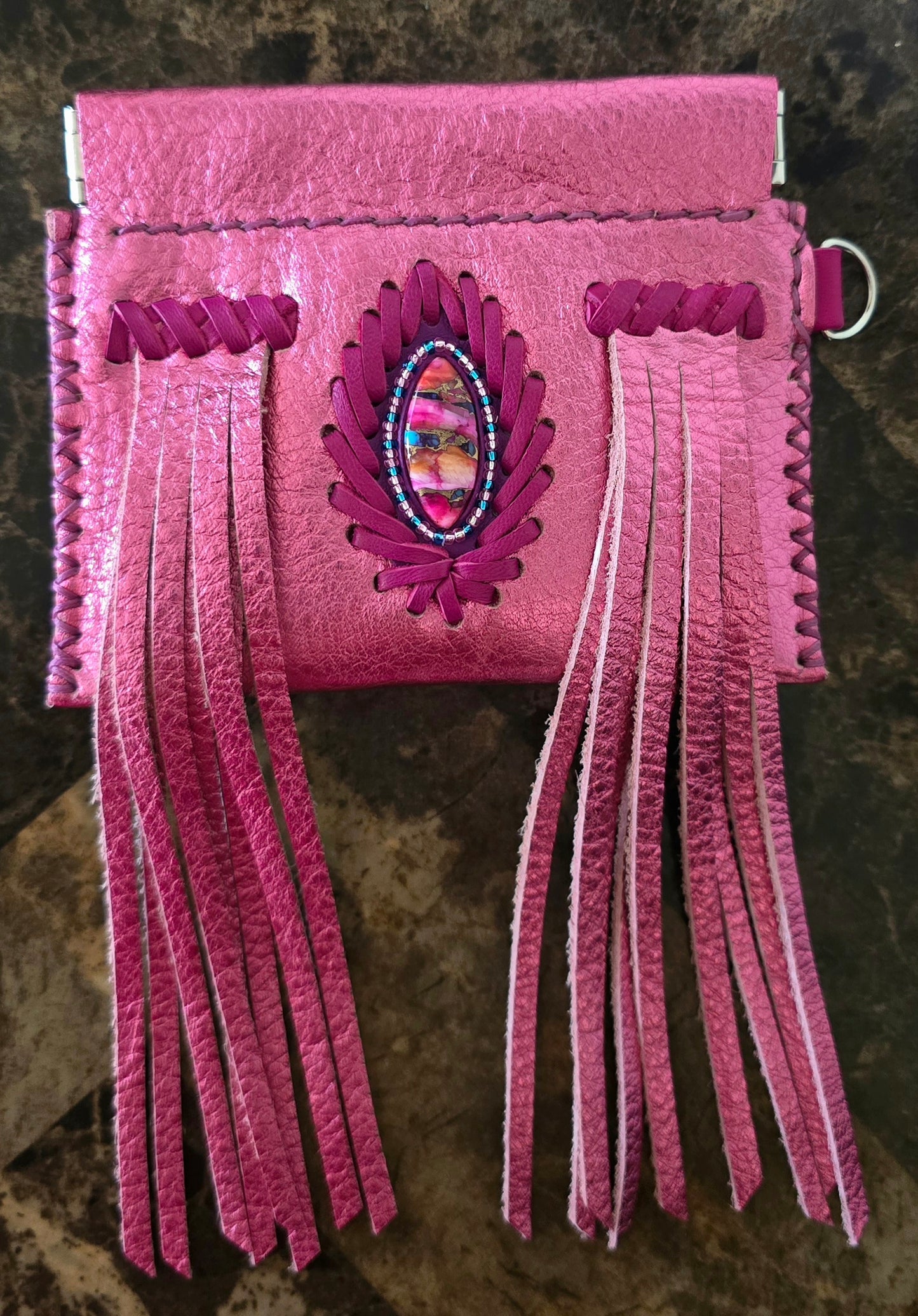 Metallic Pink Leather Fringe Pop Pouch
