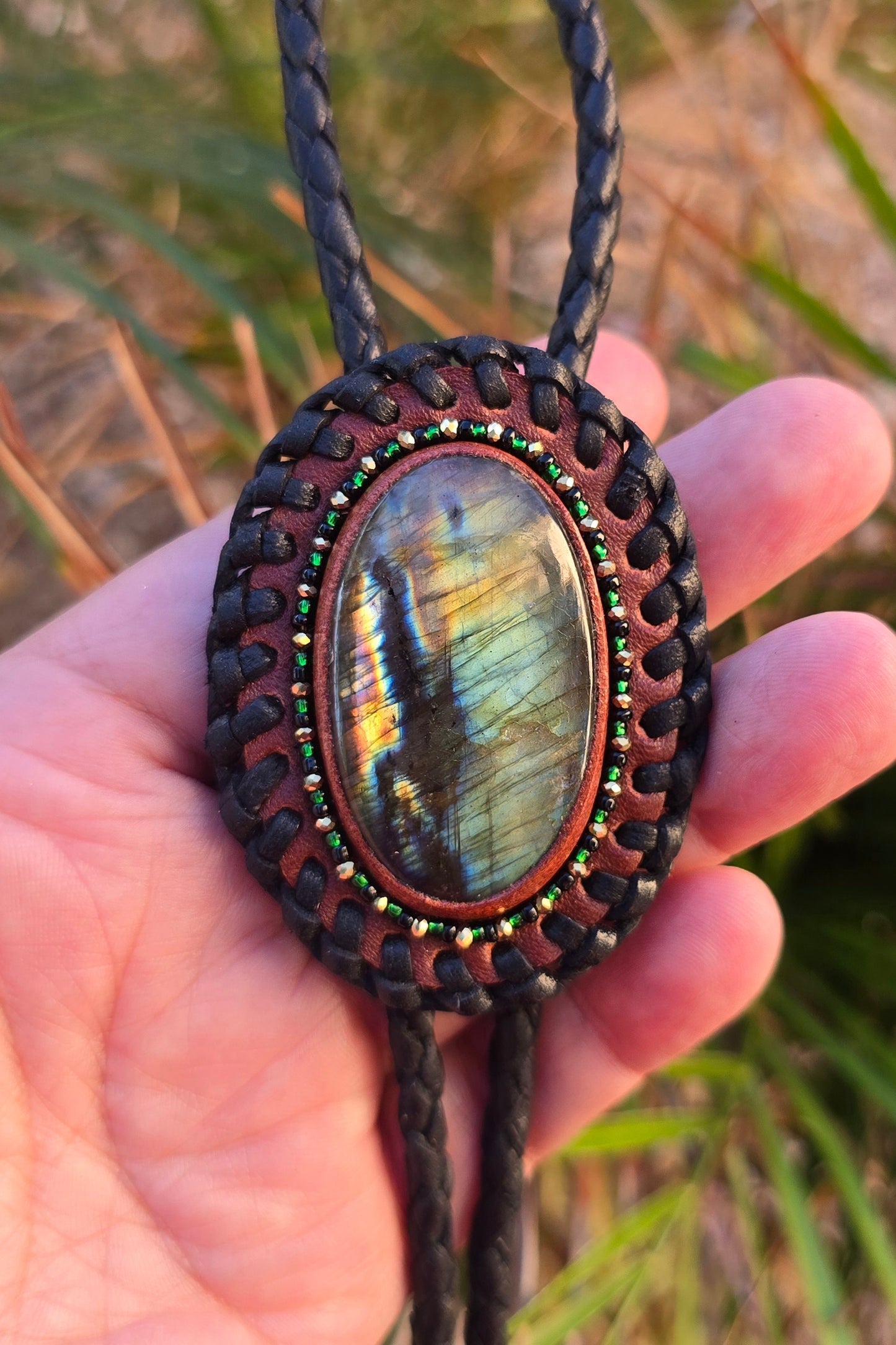 Leather Labradorite Bolo Tie