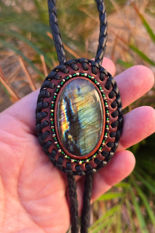 Leather Labradorite Bolo Tie