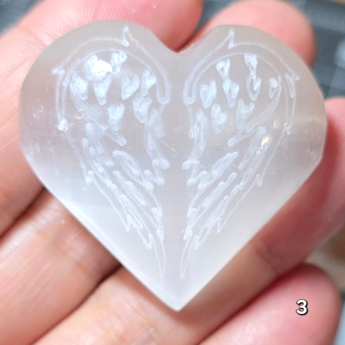 #3 Selenite Heart w/ Engraved Wings