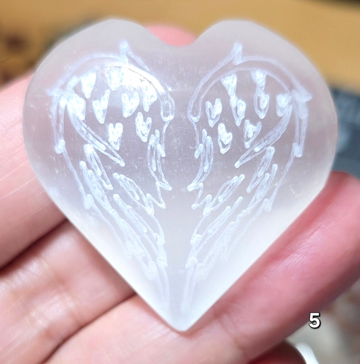 #5 Selenite Heart w/ Engraved Wings