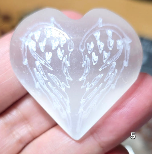 #5 Selenite Heart w/ Engraved Wings