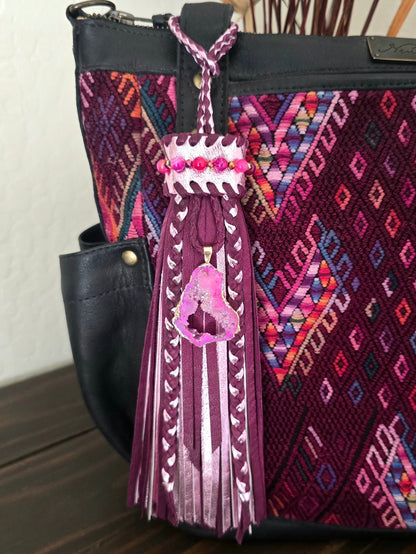 8" Crystal Plum Agate Leather Tassel