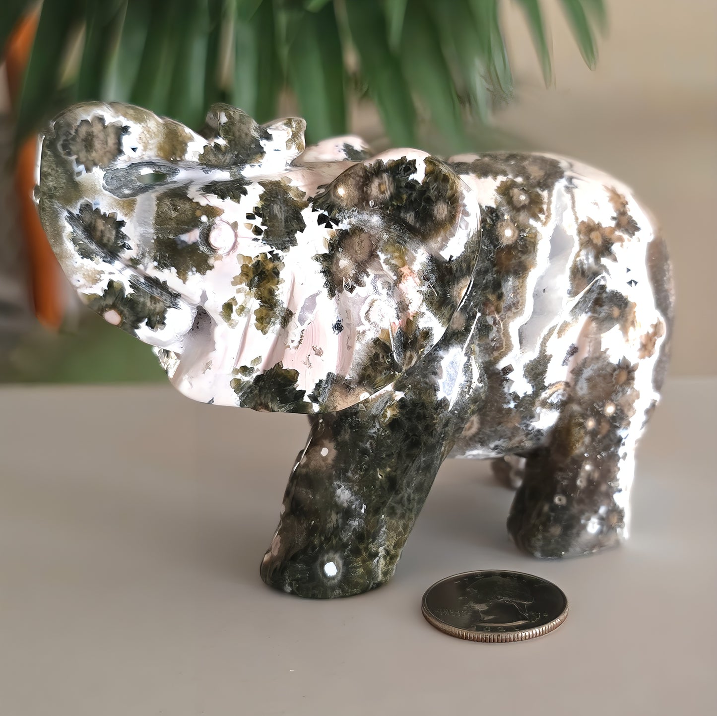 Rare Ocean Jasper Druzy Elephant Carving
