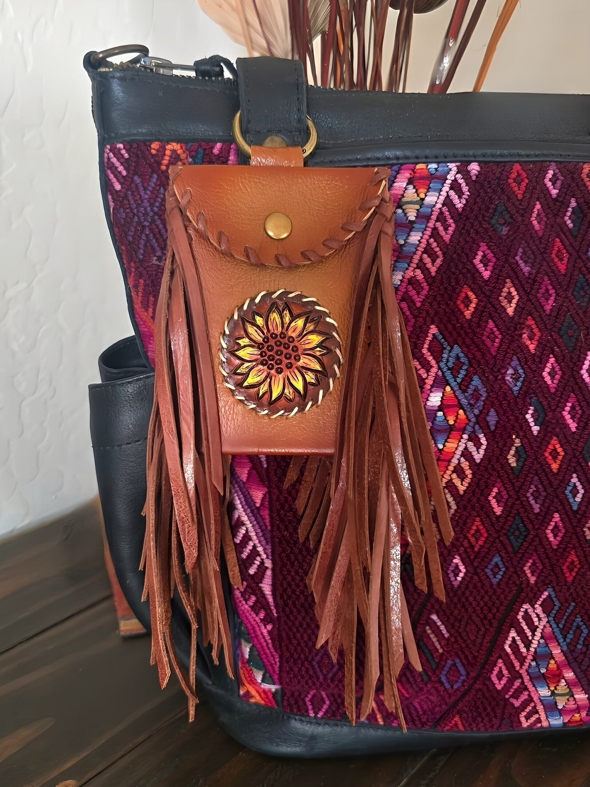 Sunflower Leather Fringe Clip Pouch