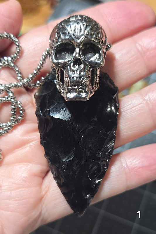 #1 Stainless Steel Skull w/Black Obsidian Necklace