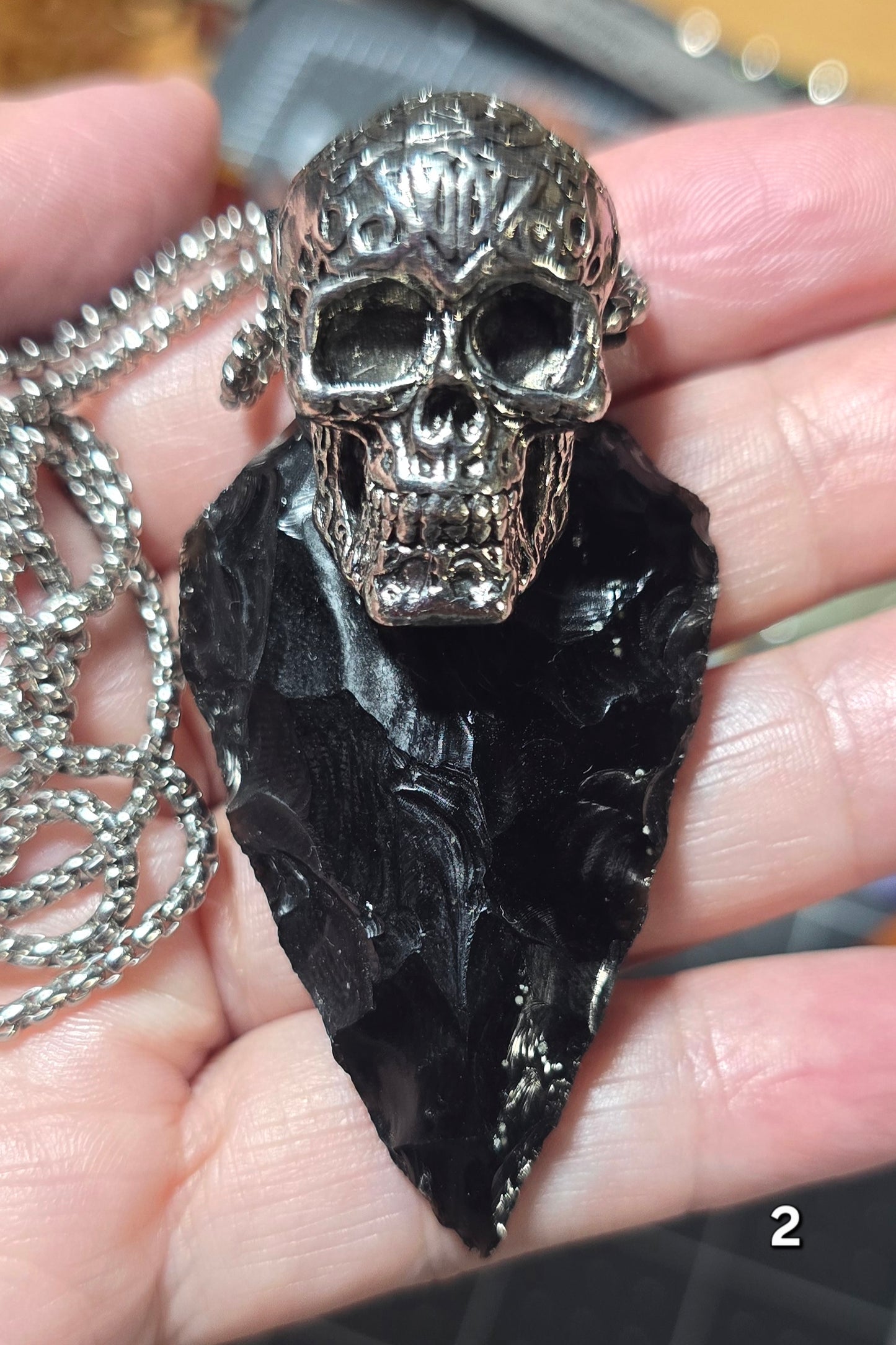 #2 Stainless Steel Skull w/Black Obsidian Necklace
