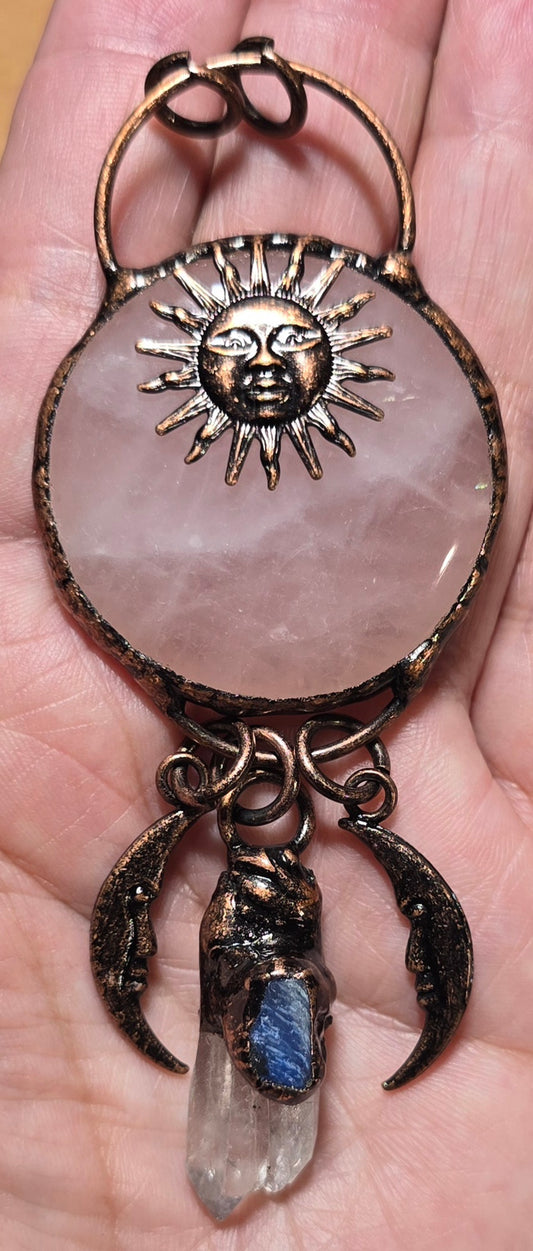 Rose Quartz, Crystal Quartz and Kynite in Copper Pendant