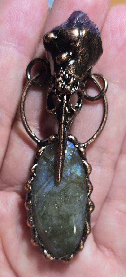 Labradorite & Amethyst Raven Skull Pendant