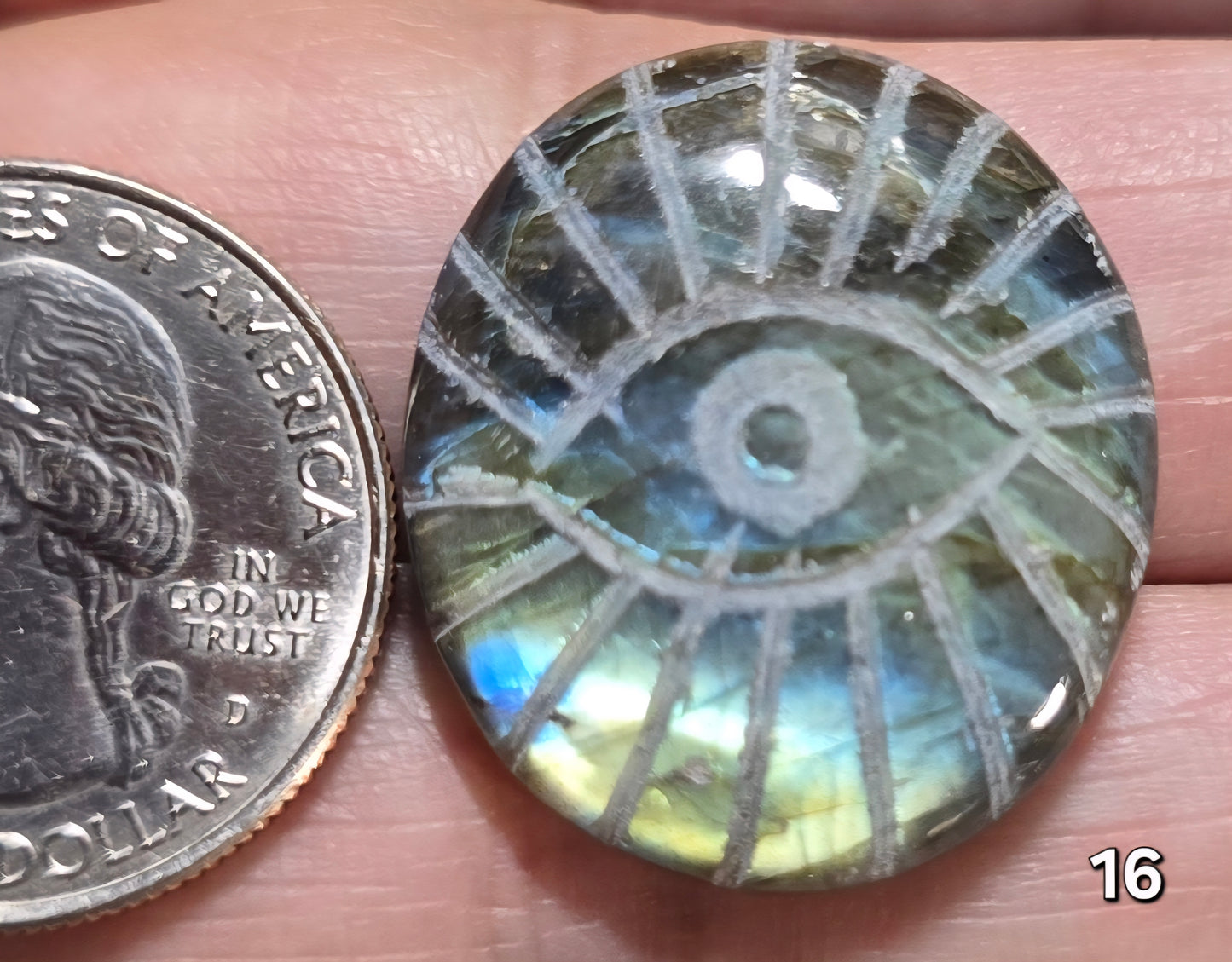 #16 Carved Evil Eye Labradorite Cabochon