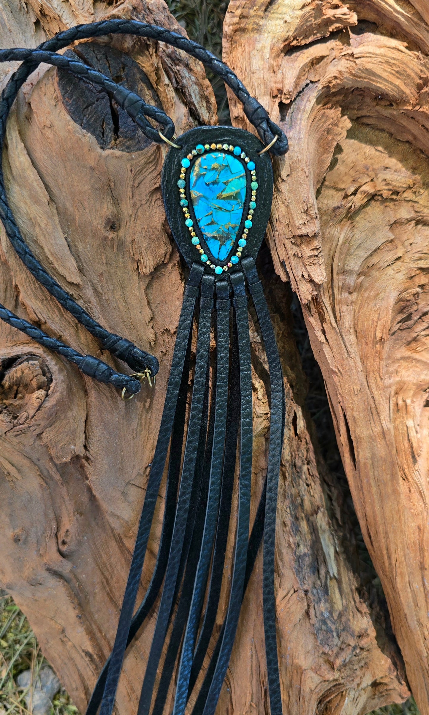 Turquoise Mosaic in Black Leather Statement Necklace