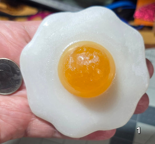 #1 White Jade & Orange Calcite Fried Egg Carving
