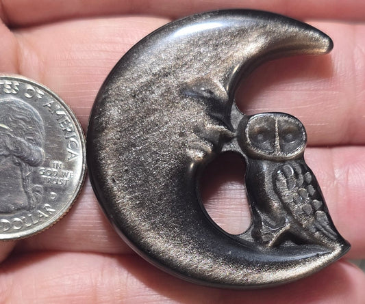 Silver Obsidian Moon Owl Carving