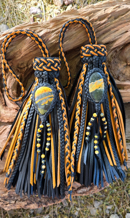 8" Golden Sting Duo - Bumblebee Jasper Leather Tassels