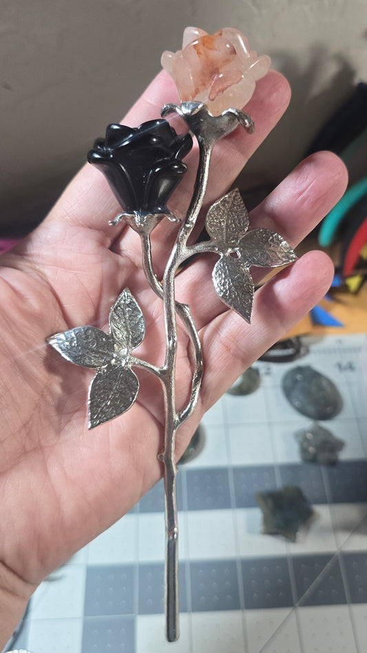 Fire Quartz and Black Obsidian Long Stem Roses