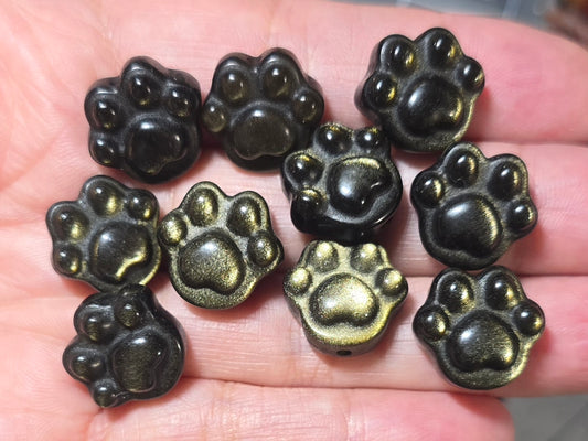 Carved Golden Sheen Obsidian Paw Beads