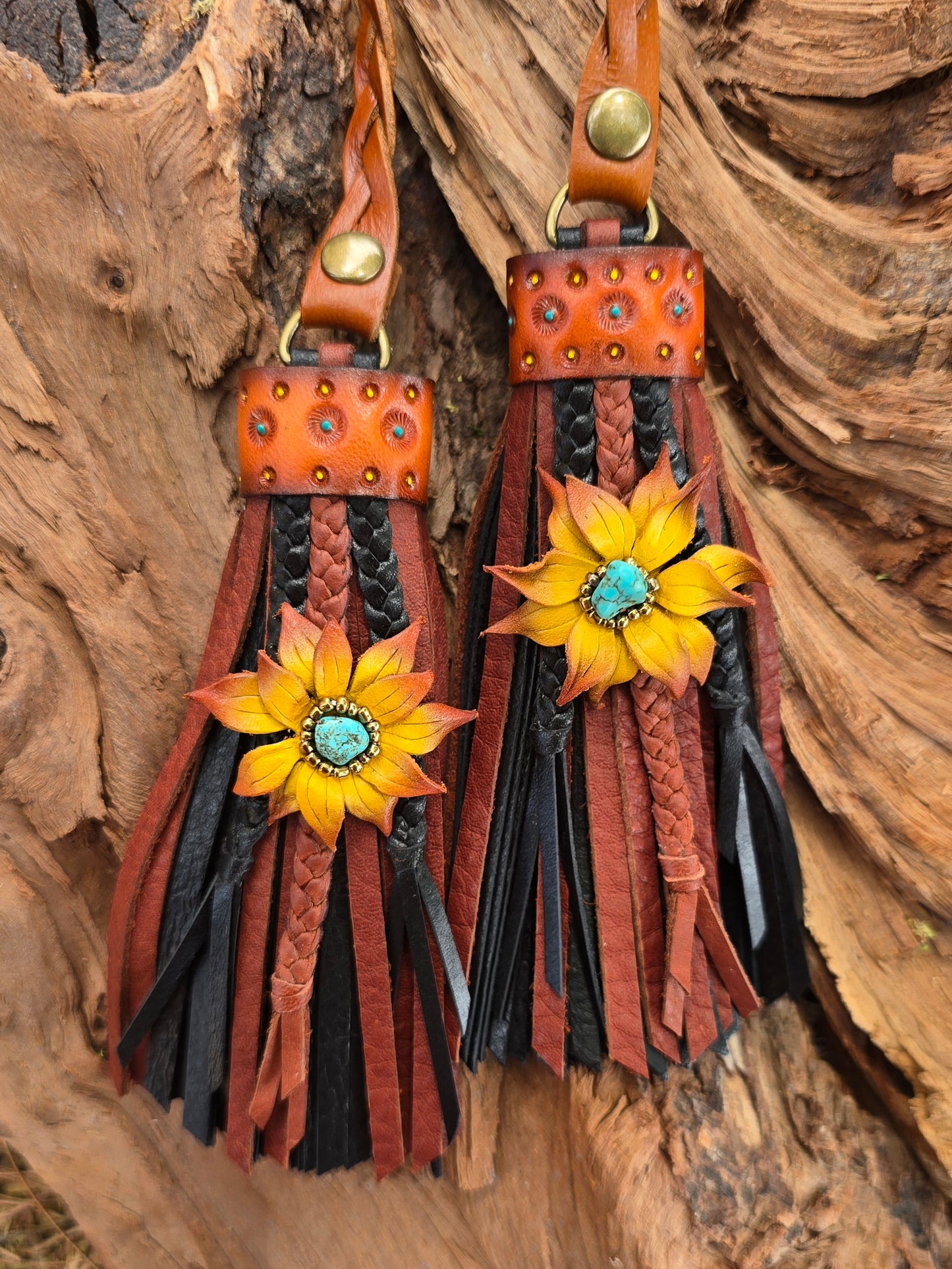 5" Western Turquoise Sunflowers D-ring Leather Tassels