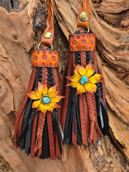 5" Western Turquoise Sunflowers D-ring Leather Tassels