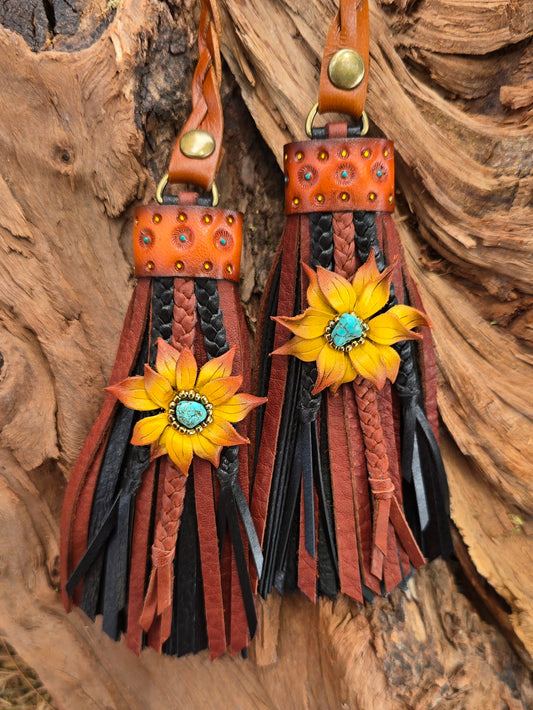 5" Western Turquoise Sunflowers D-ring Leather Tassels