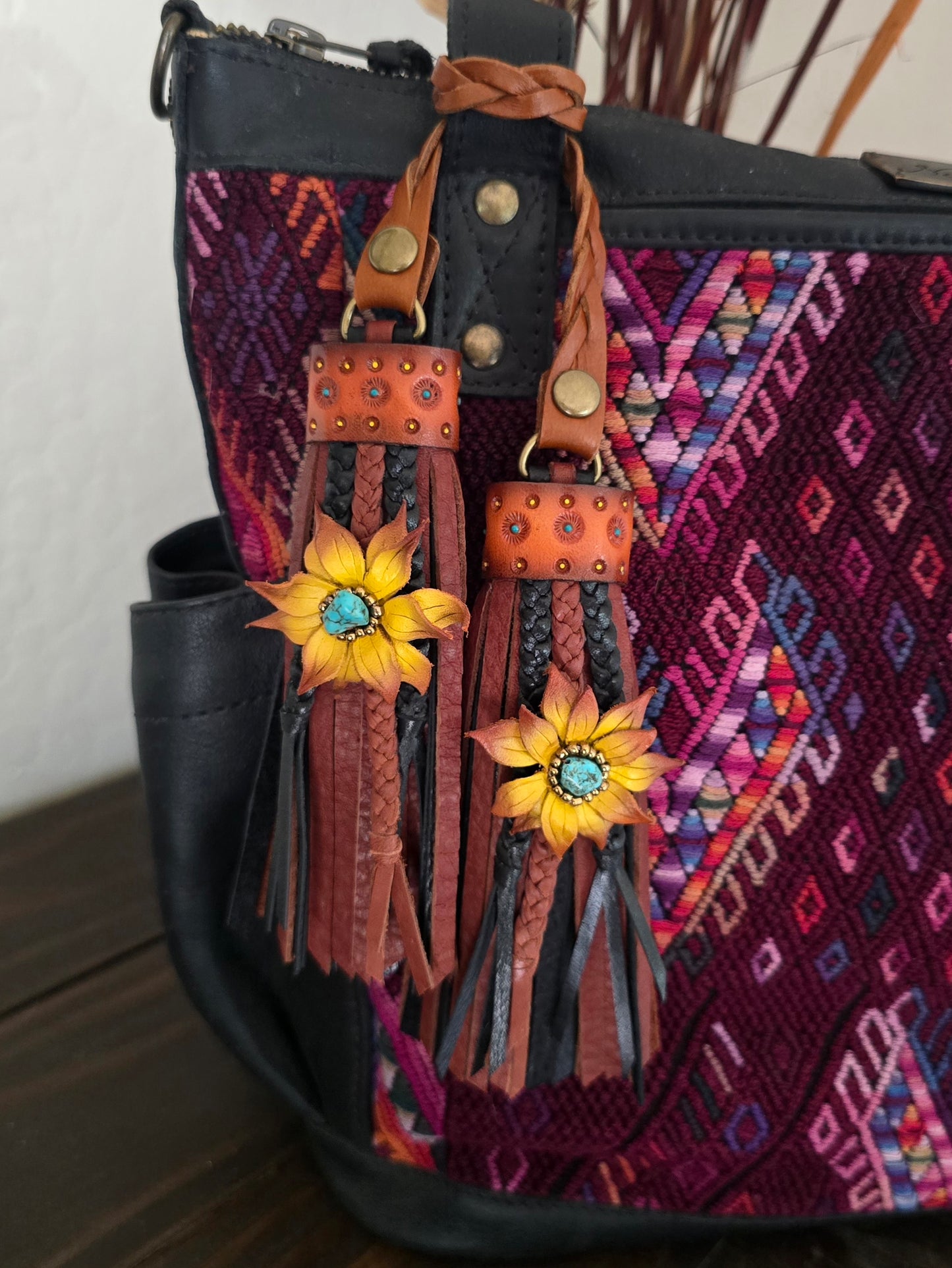5" Western Turquoise Sunflowers D-ring Leather Tassels