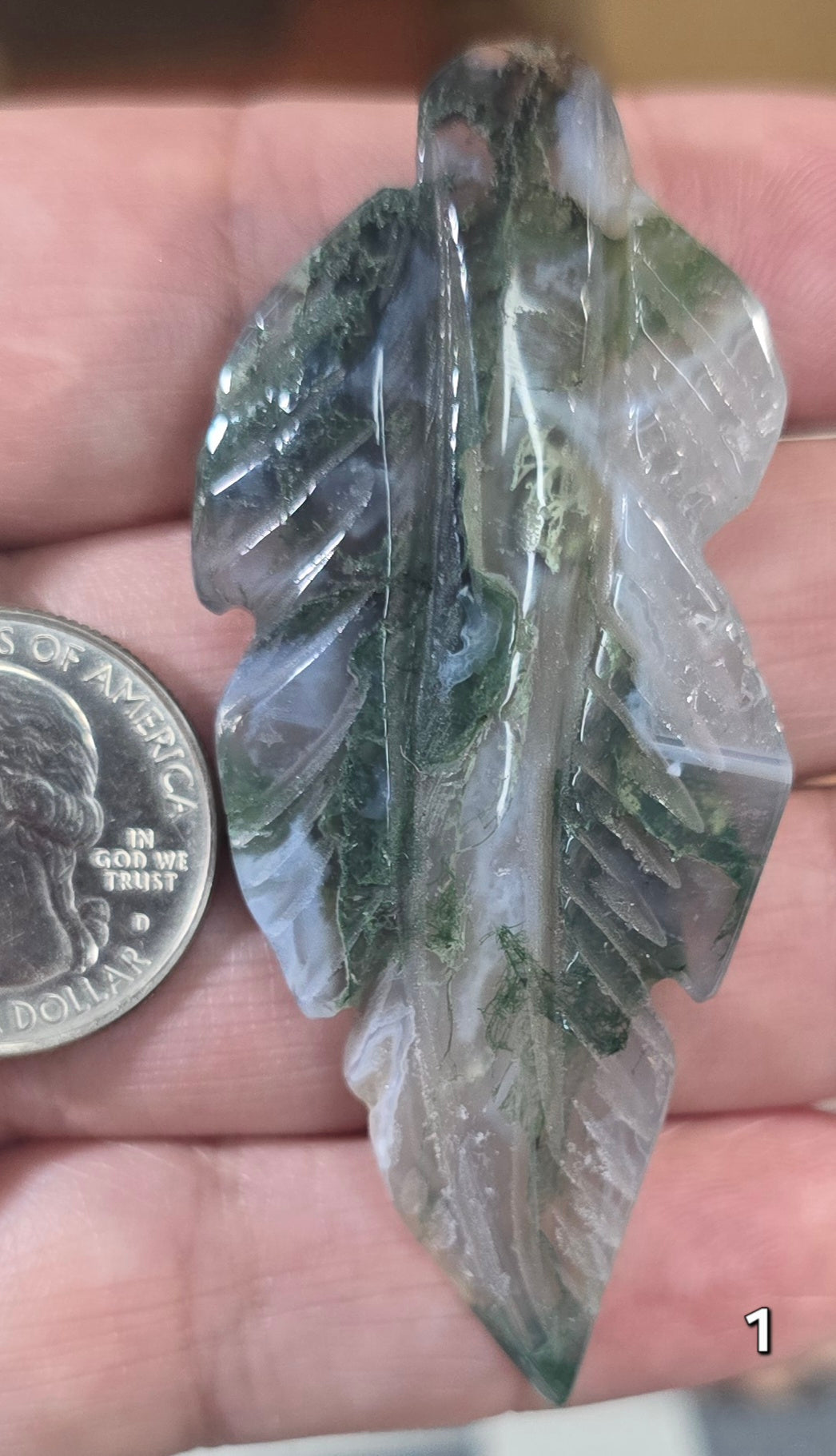 #1 Carved Moss Agate Druzy Leaf