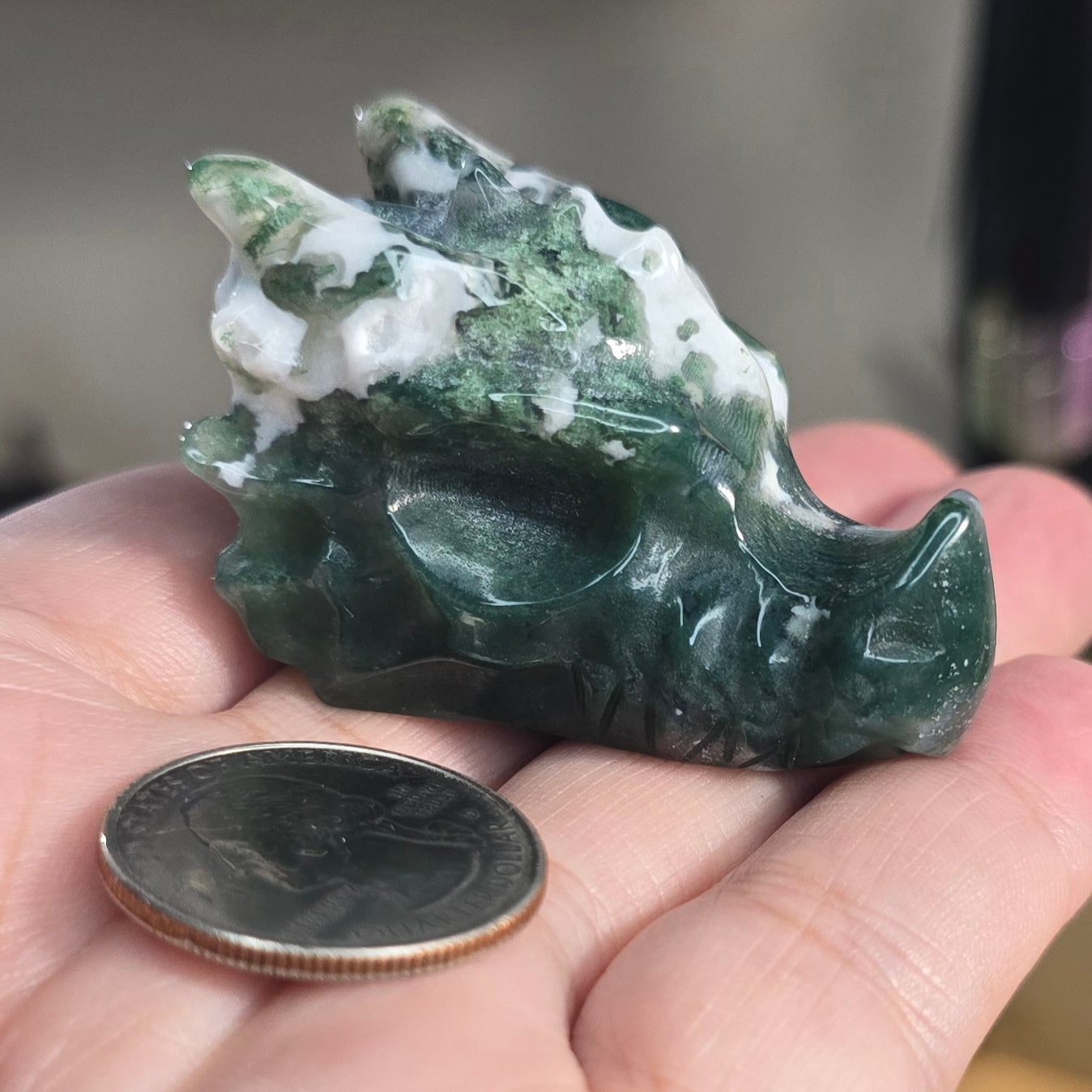 Moss Agate Dragon Head Carving
