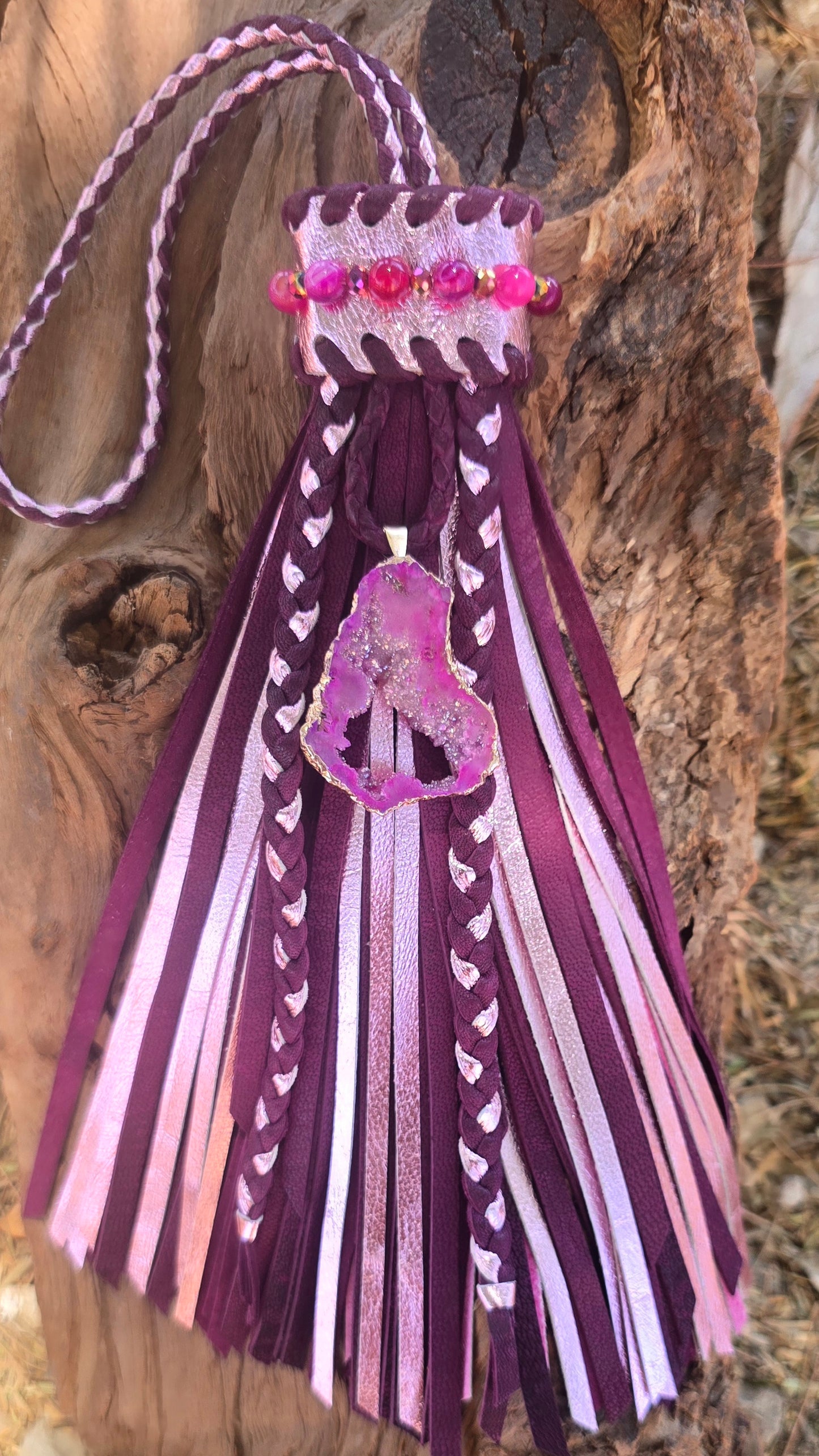 8" Crystal Plum Agate Leather Tassel