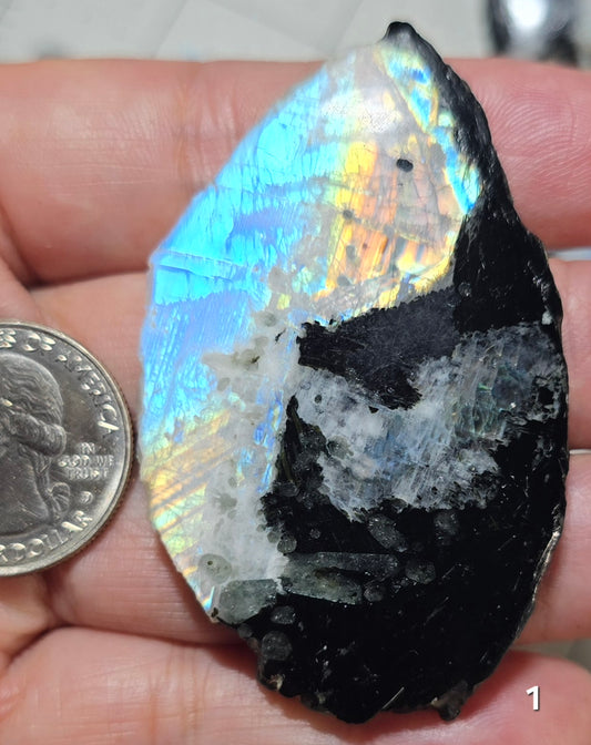 #1 Rainbow Moonstone Slice w/Black Tourmaline