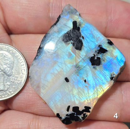 #4 Rainbow Moonstone Slice w/Black Tourmaline