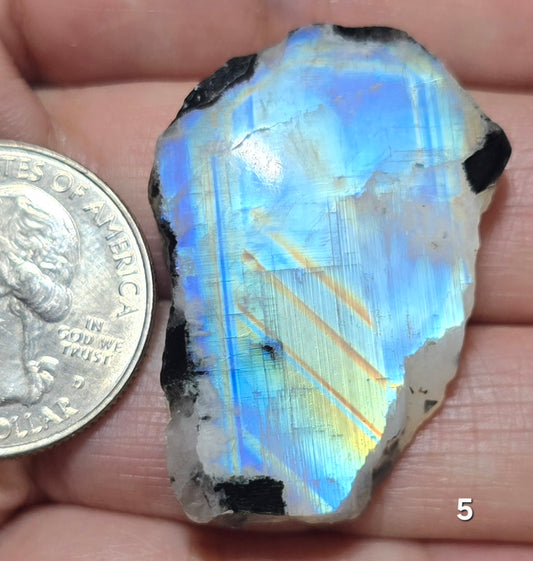 #5 Rainbow Moonstone Slice w/Black Tourmaline